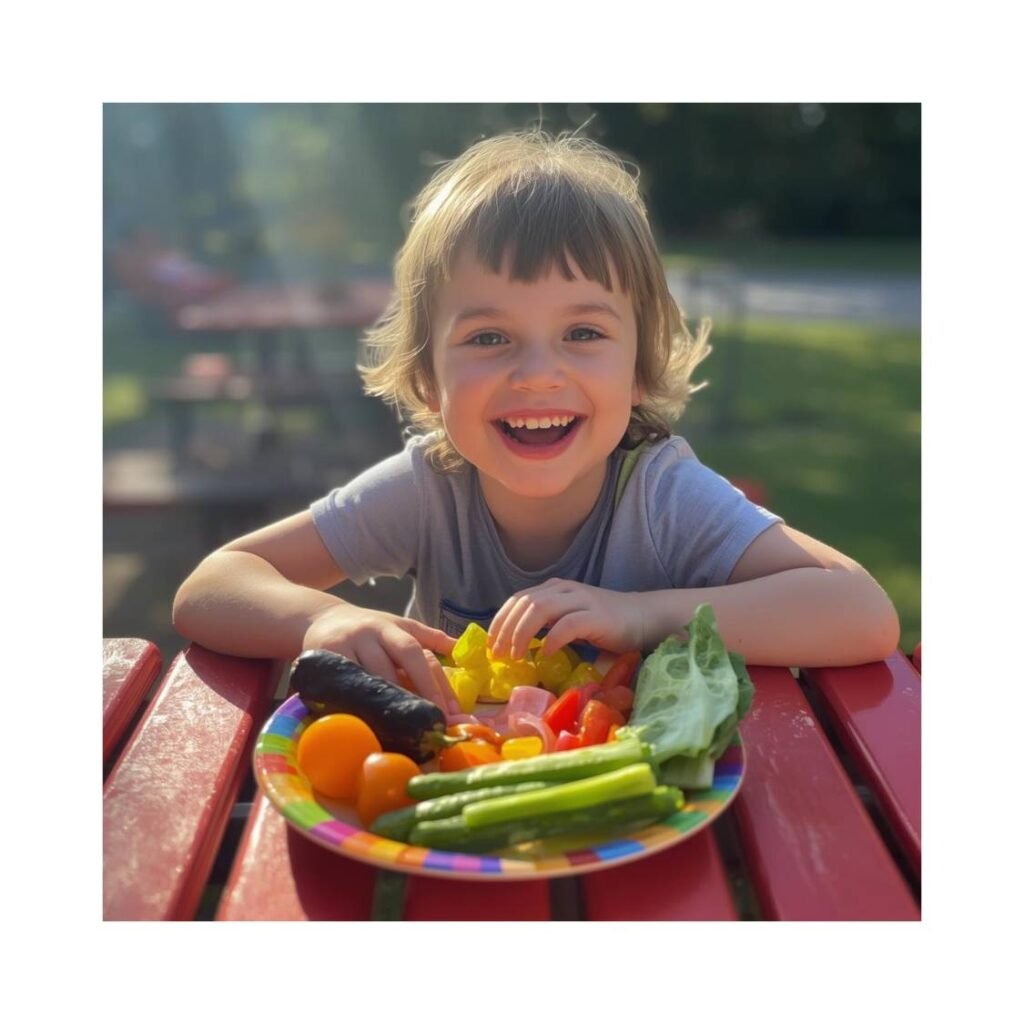 criança com prato colorido de legumes na alimentação infantil saudável