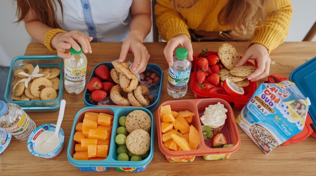 mãe e filhos montando lancheira saudável