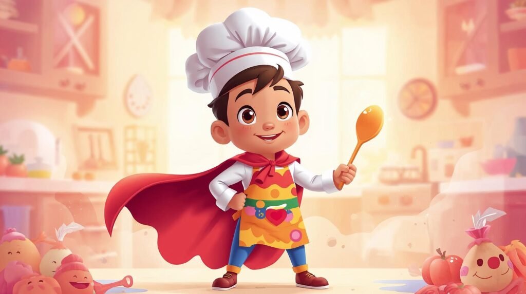 super chefinho ensinando receita saudável para crianças
