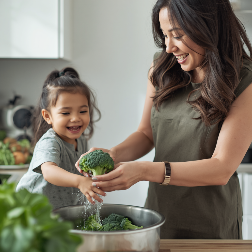 criança ajudando preparar legumes na cozinha