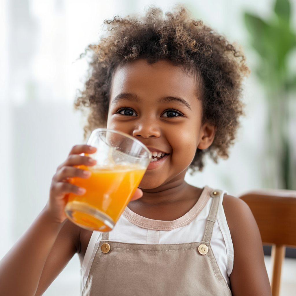 criança bebendo suco natural saudável em copo transparente