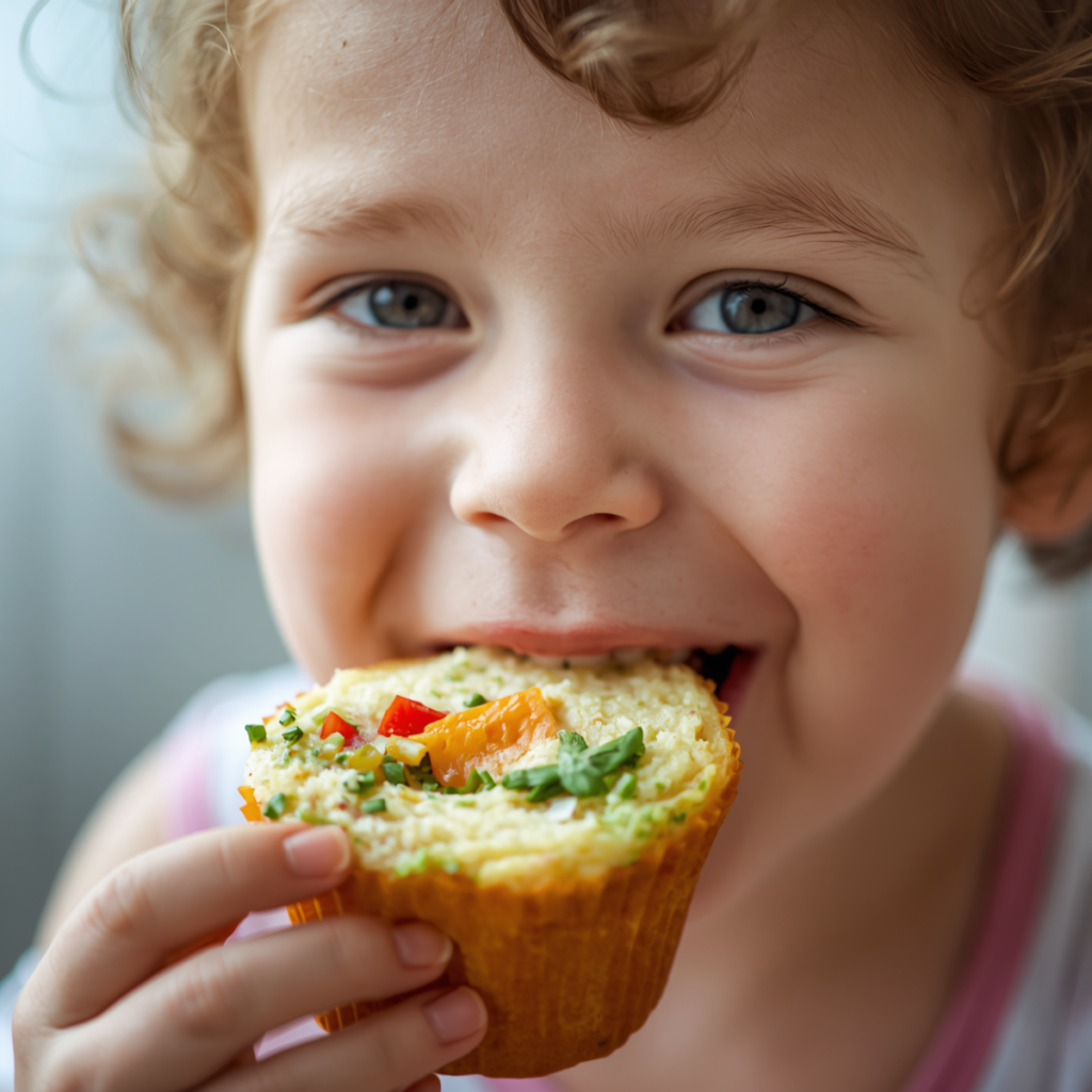 criança feliz comendo bolinho de legumes saudável