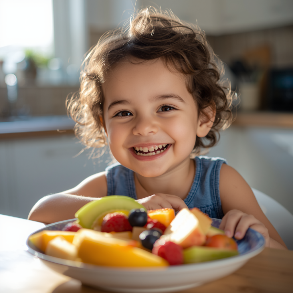 criança feliz comendo frutas após reduzir açúcar infantil
