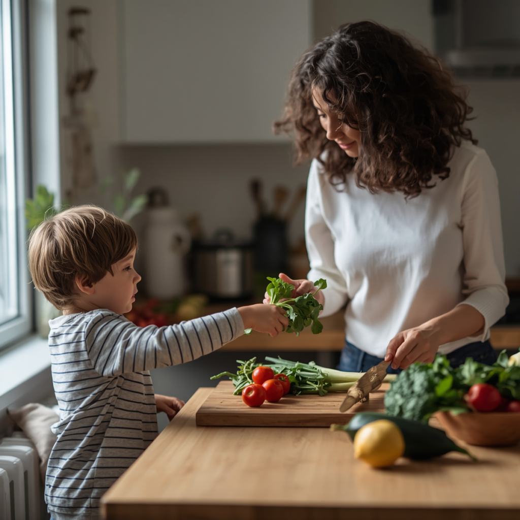 criança cozinhando legumes com adulto na cozinha