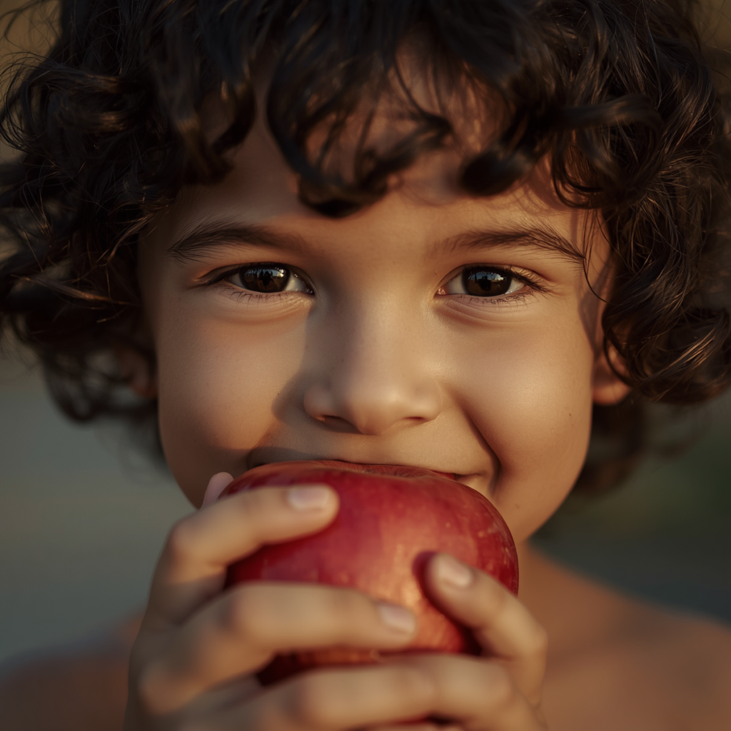 criança feliz comendo frutas após reduzir doces