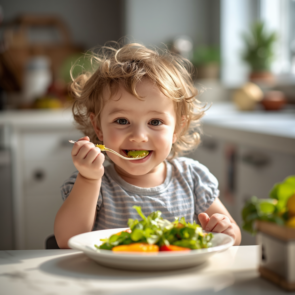 criança comendo legumes feliz alimentação infantil saudável