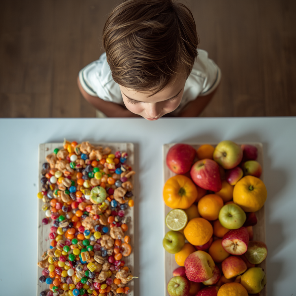 criança olhando doces e frutas para reduzir consumo de açúcar infantil