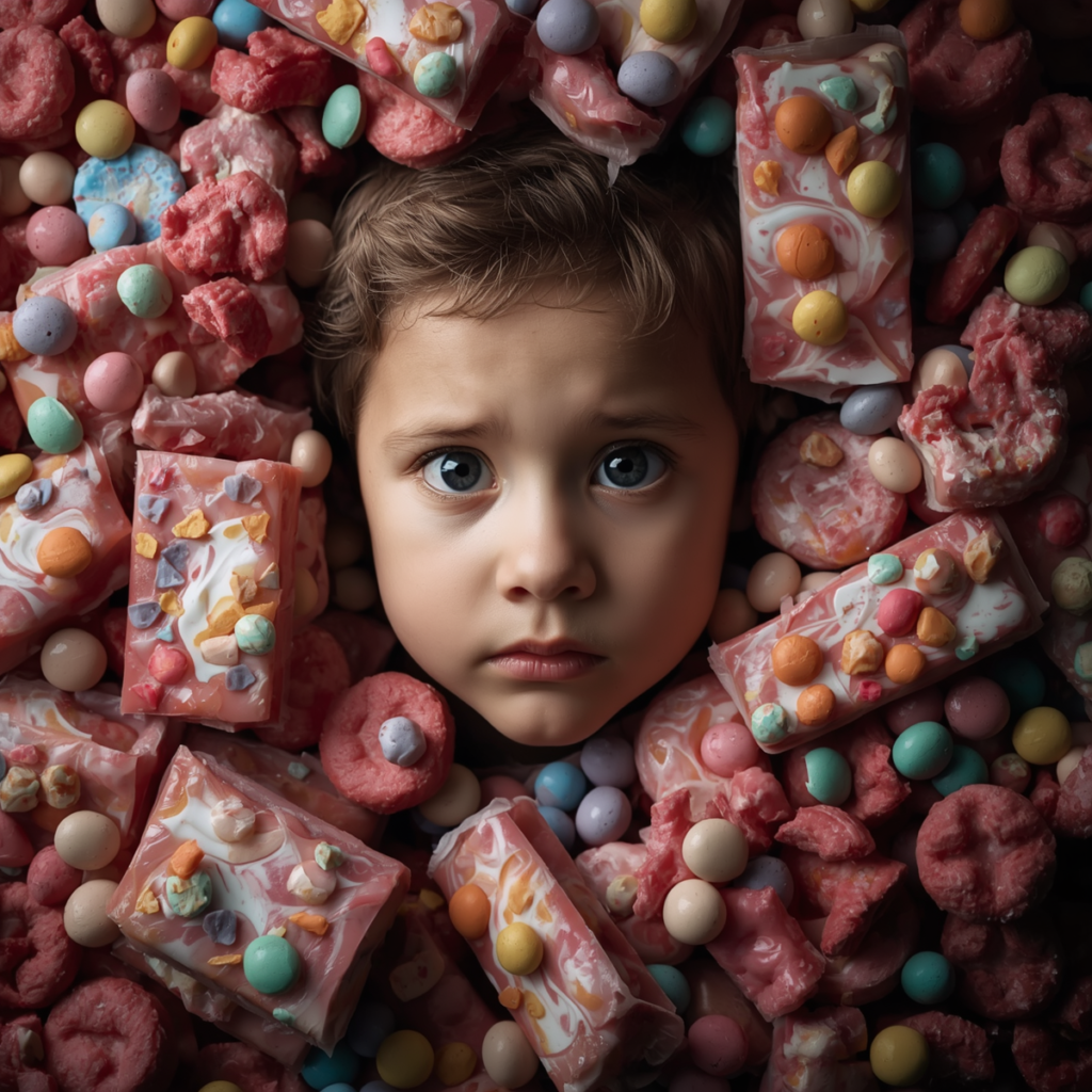 criança cercada por doces industrializados excesso de açúcar infantil