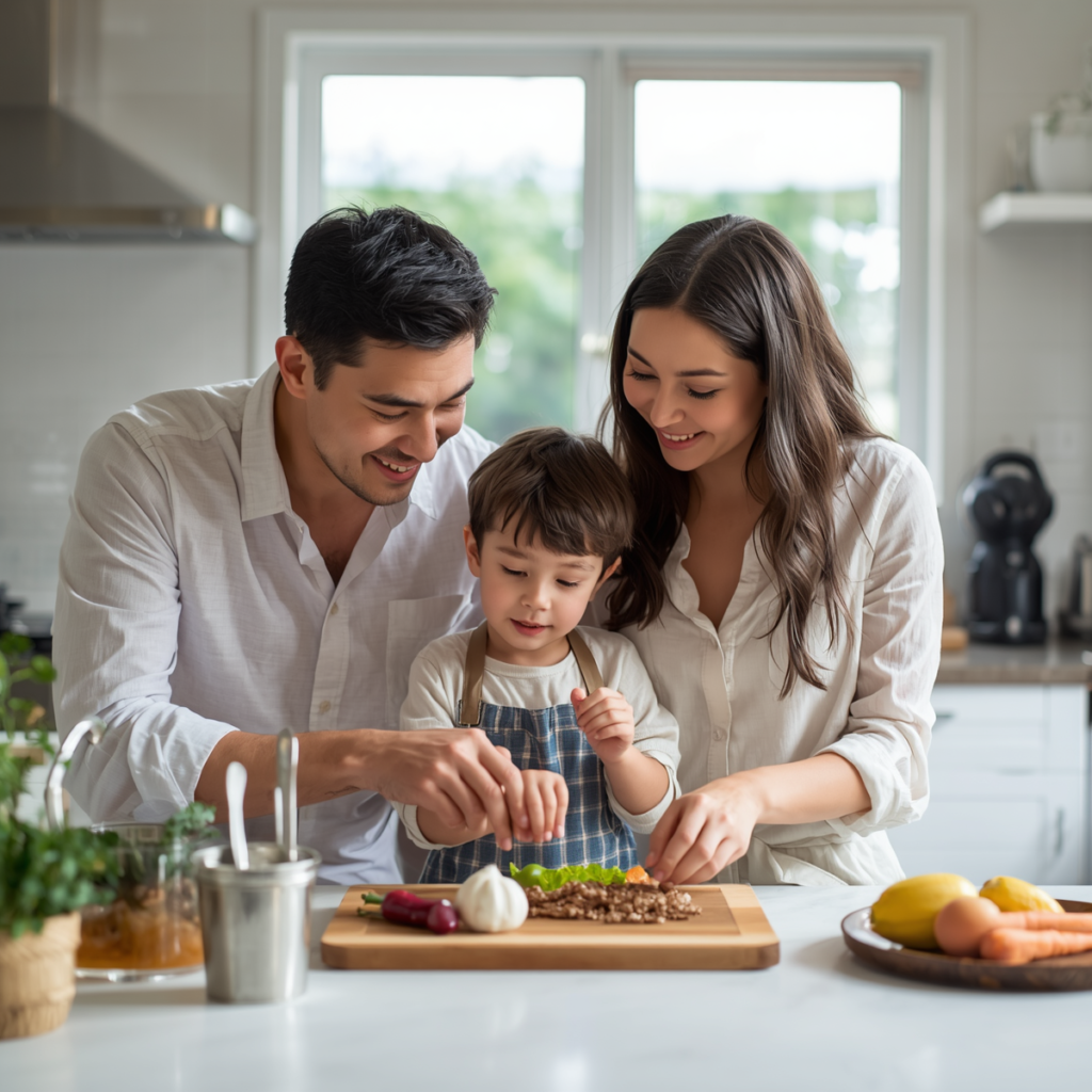 família preparando lanche saudável infantil juntos na cozinha