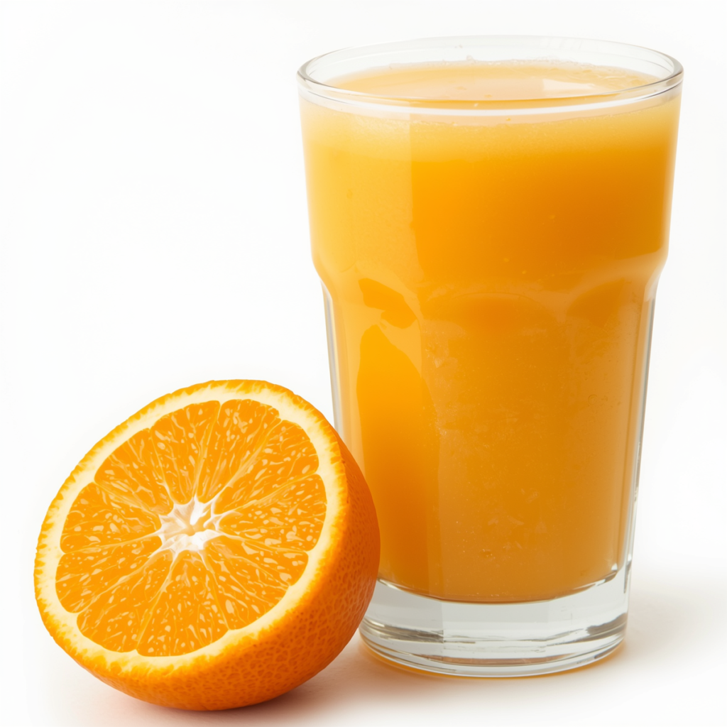 laranja inteira ao lado de copo de suco natural