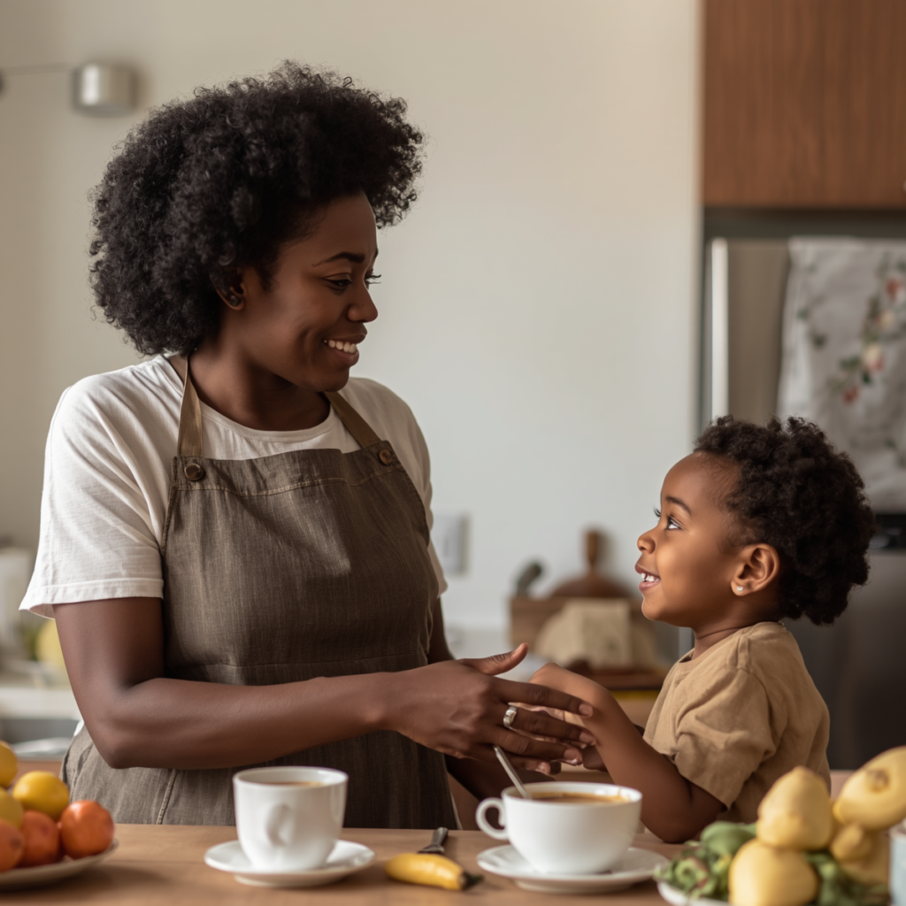 mãe conversando calmamente com criança sobre doces