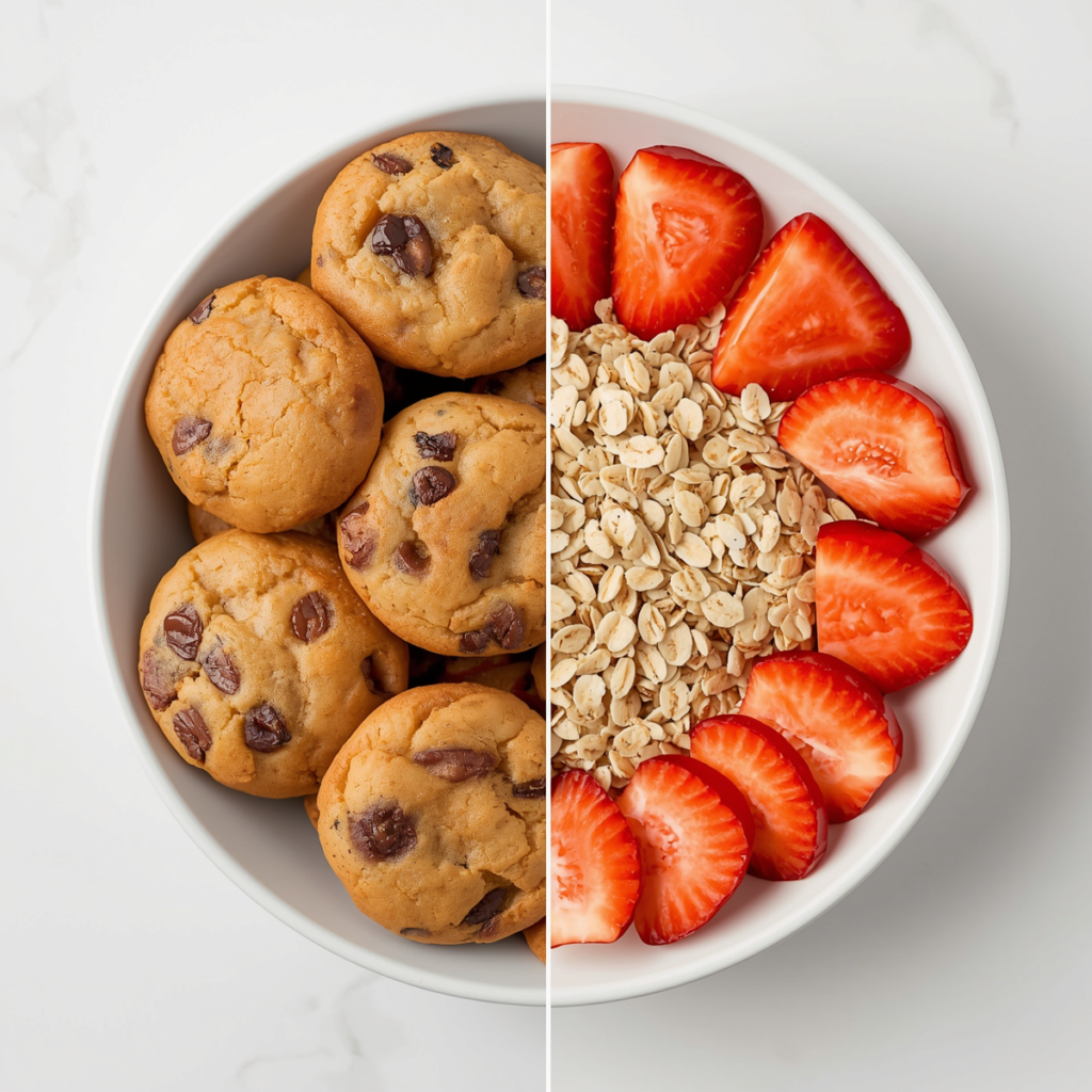 comparação entre lanche doce industrializado e fruta saudável infantil