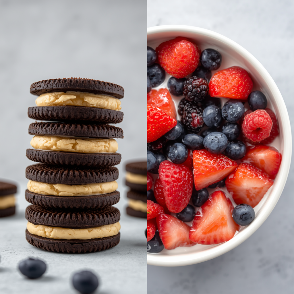 comparação entre doce industrializado e lanche saudável infantil
