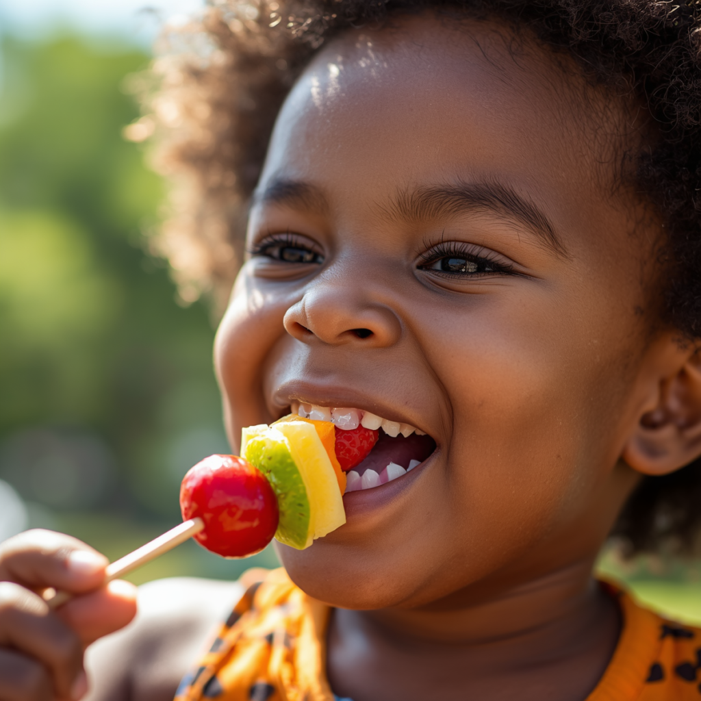 criança feliz comendo espetinho de frutas saudável