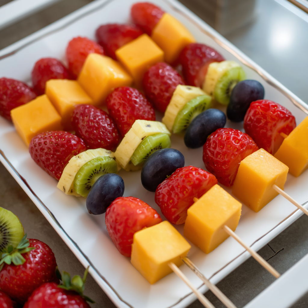 espetinhos de frutas coloridos prontos para servir